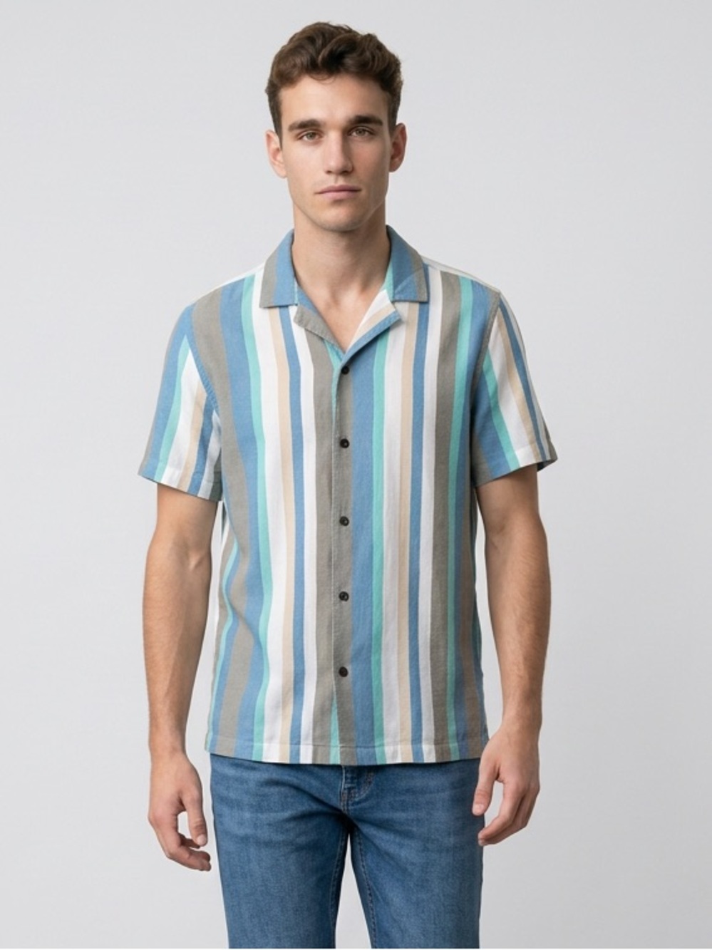 Ben Sherman Vertical Stripe Short-Sleeve Shirt - Blue/Tan/White/Gray